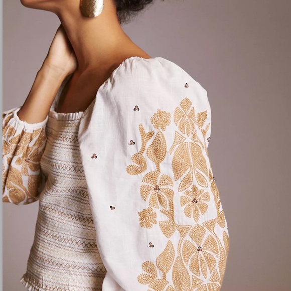 Anthropologie Smocked Top with embellished and embroidered sleeves, boho spring - Picture 5 of 9
